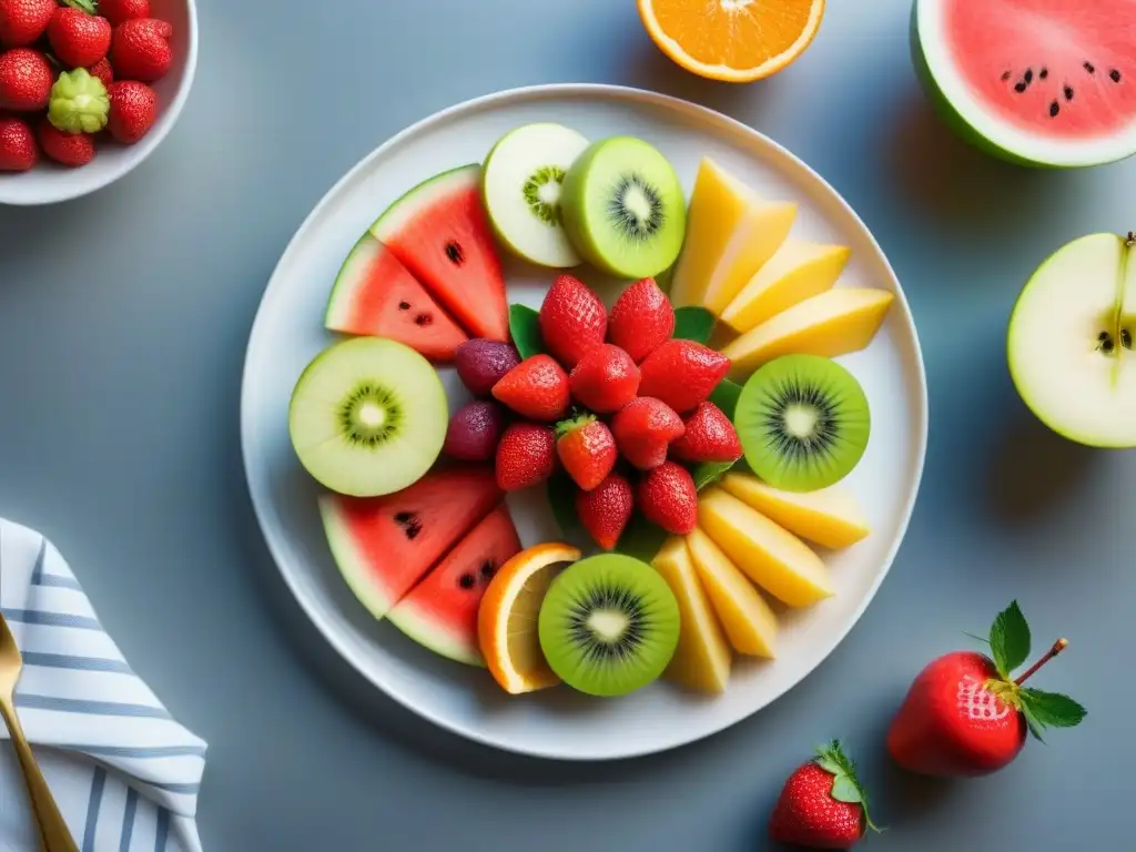 Consejos buffet cruceros saludables: Arreglo elegante de frutas frescas y vibrantes en plato blanco moderno