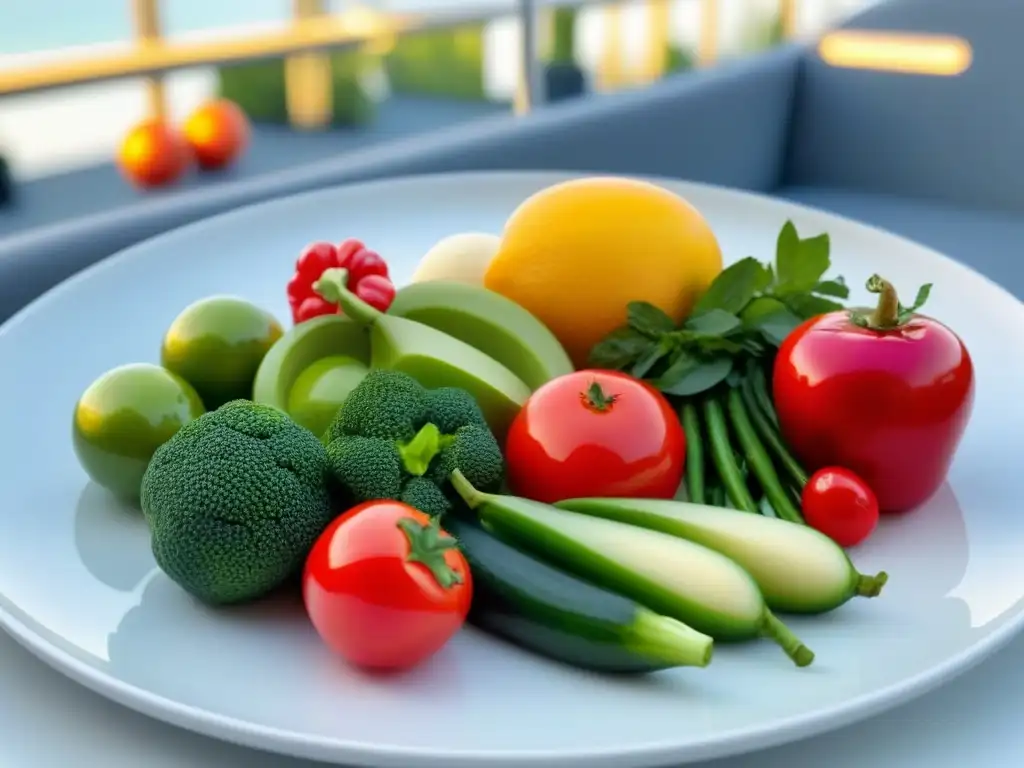 Consejos buffet cruceros saludables: selección vibrante de frutas y verduras frescas en un plato blanco, evocando frescura y bienestar