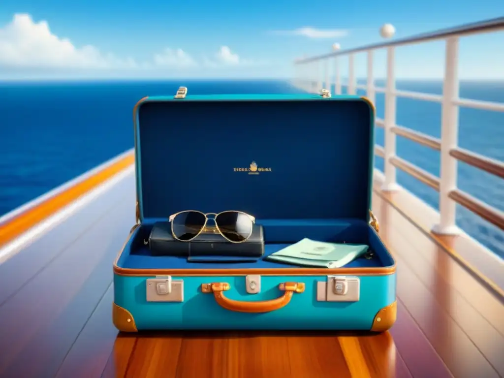 Consejos para proteger equipaje crucero: Maleta elegante y segura en cubierta de crucero de lujo, con el mar brillante de fondo