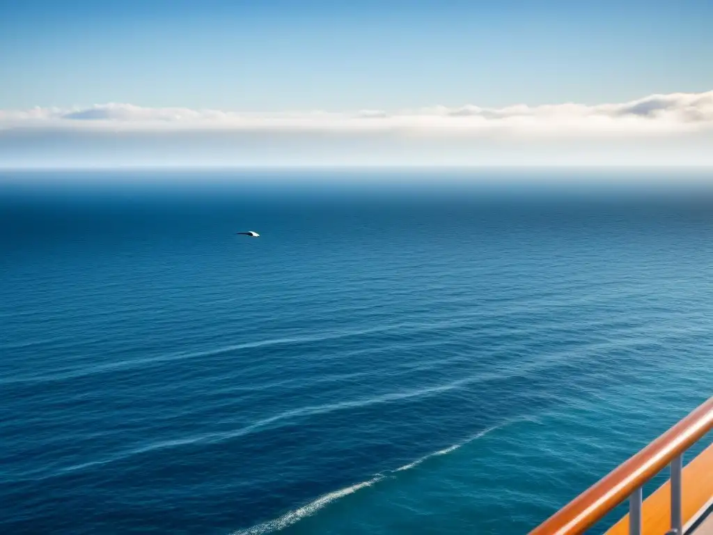 Consejos para evitar mareo en cruceros: Vista tranquila desde el crucero, mar sereno y cielo despejado con gaviotas