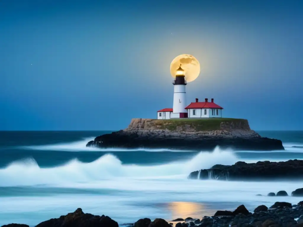 Consejos para fotografía nocturna marítima: Faro solitario iluminado por la luna en una noche estrellada frente al mar tranquilo