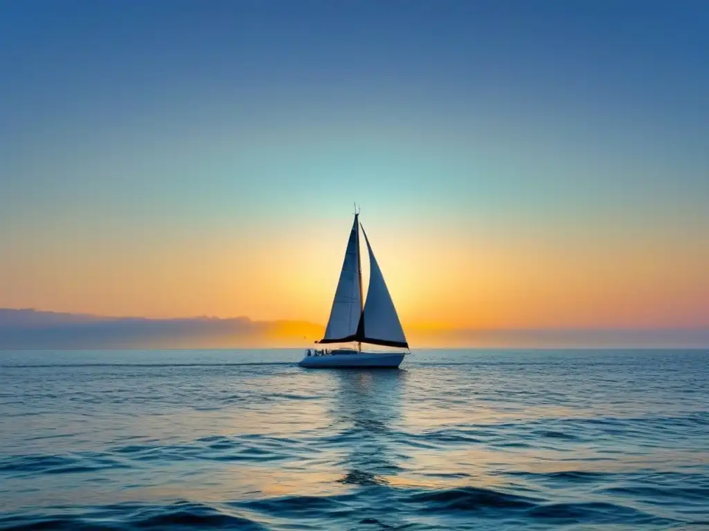 Tranquilo atardecer en el mar: velero y serenidad Consejos seguros de viaje marítimo: Un velero en un tranquilo atardecer en el mar