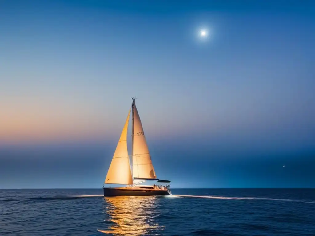 Consejos vela nocturna crucero: Velero elegante surcando un océano sereno bajo la luz de la luna y las estrellas