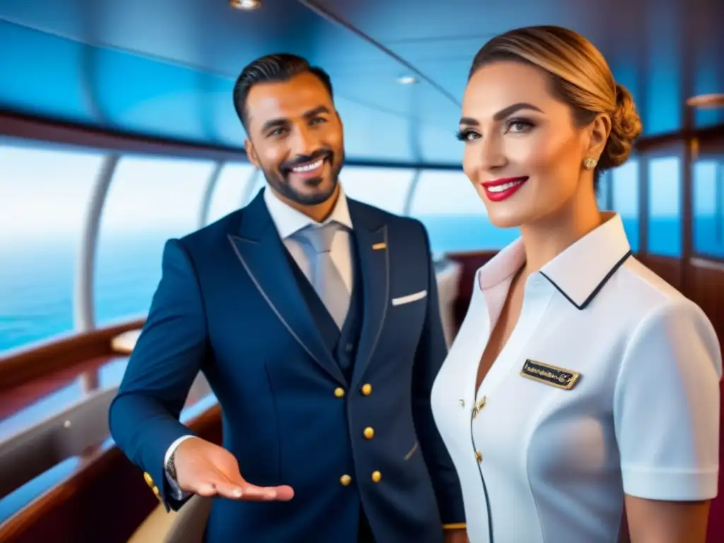 Un conserje de crucero elegante y sereno asistiendo a una pareja sonriente, brindando recomendaciones personalizadas