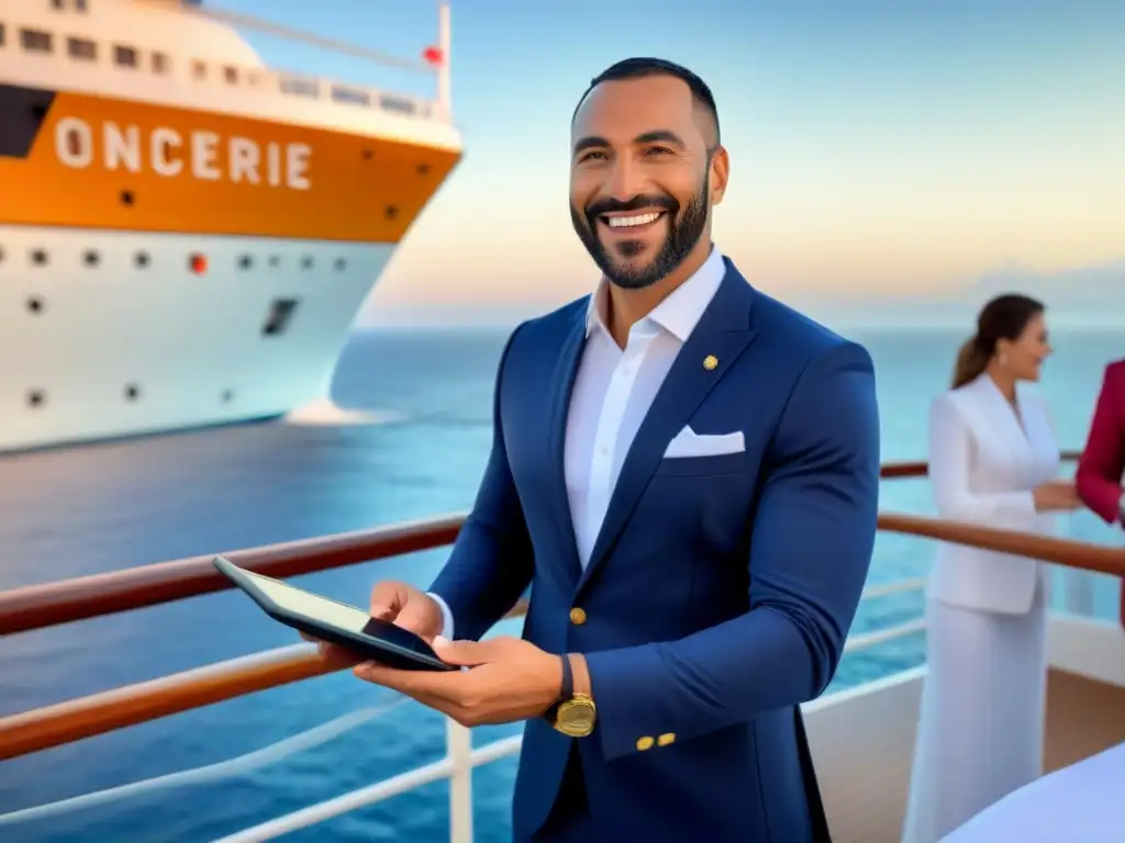 Un conserje sonriente en un lujoso crucero asiste a pasajeros diversos con servicios personalizados, frente al mar