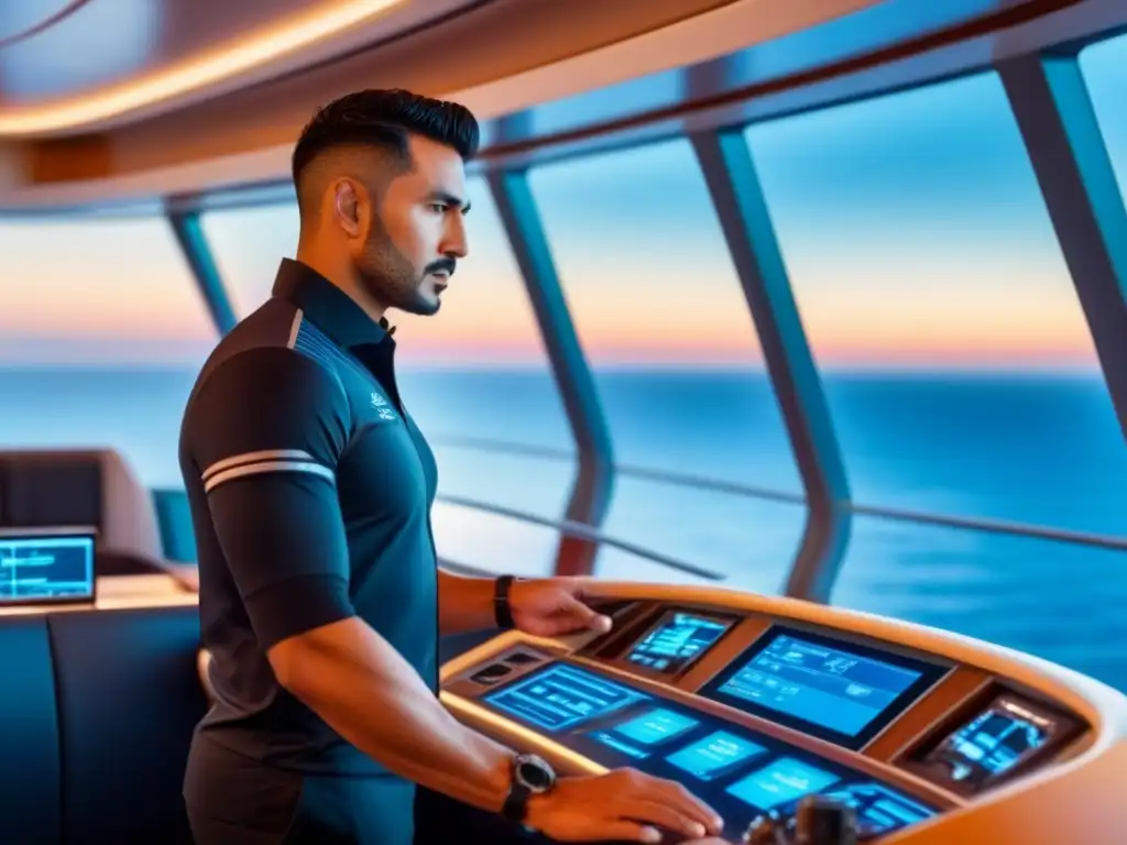 Consola de navegación futurista en crucero de lujo con avanzada tecnología y vistas al mar