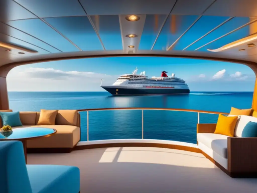Crucero de lujo en aguas cristalinas: elegancia en alta mar Construcción de cruceros de lujo: Un elegante barco flotando en aguas cristalinas bajo un cielo despejado, destacando su diseño y ventanas panorámicas