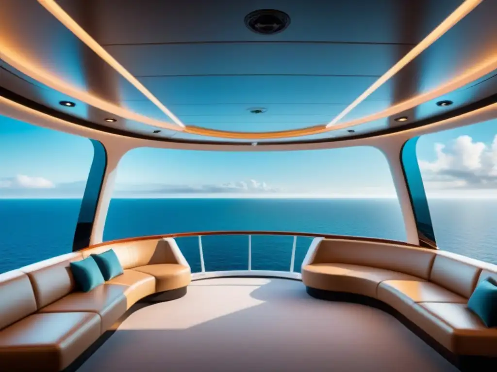 Crucero de lujo futurista en el mar Construcción de cruceros de lujo: Diseño futurista y elegante en un entorno marino sereno