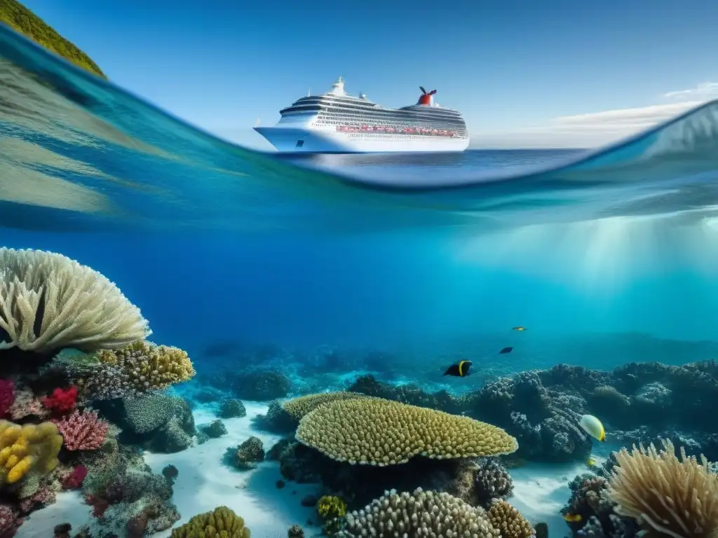 Contraste impactante: océano cristalino con arrecifes de coral vibrantes frente a un crucero, simbolizando el impacto de cruceros en paraísos marinos