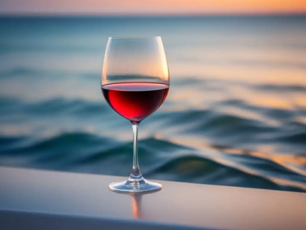 Una copa de vino tinto en la alta mar al atardecer, para eventos cata vinos alta mar