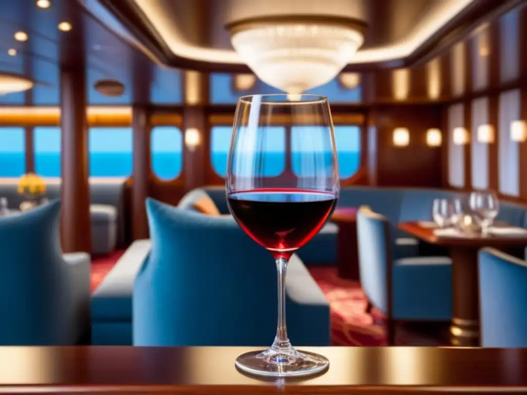 Una copa de vino tinto en un elegante crucero, perfecta para catas de vinos en cruceros