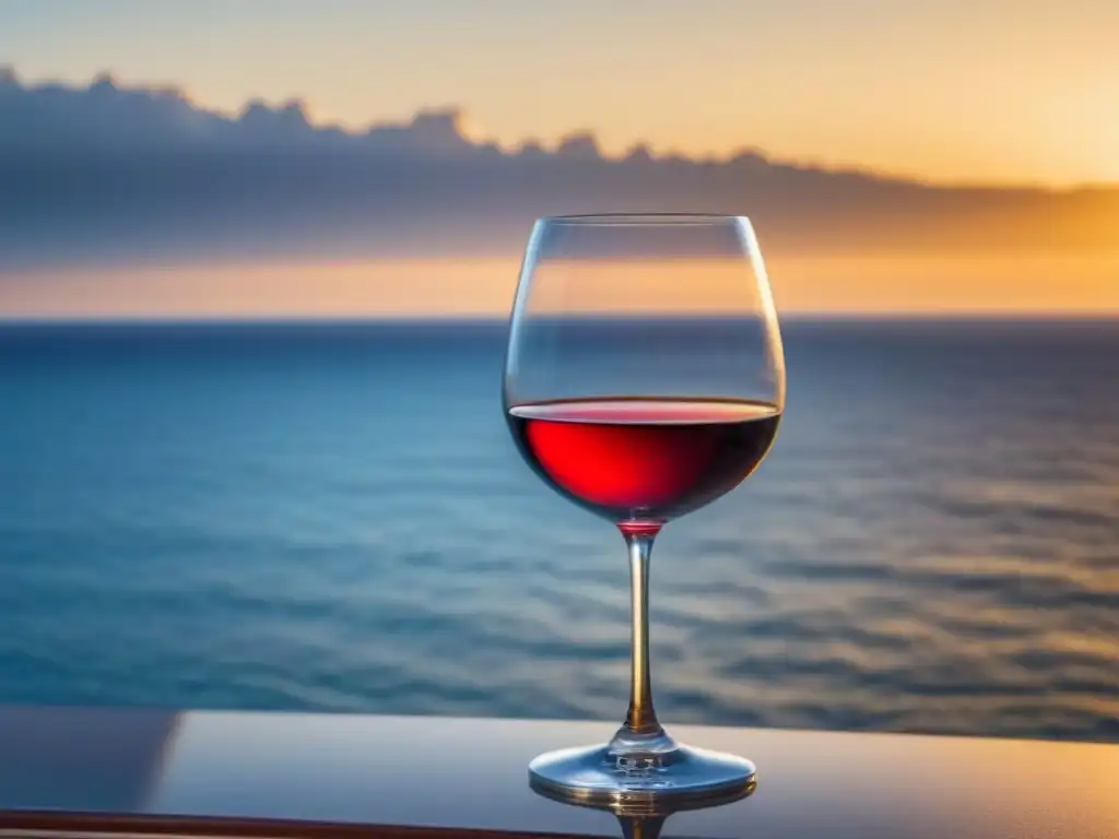 Una copa de vino tinto en equilibrio sobre un lujoso crucero al atardecer, ideal para catas de vinos en cruceros