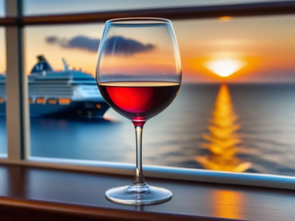 Una copa de vino tinto en un lujoso crucero al atardecer