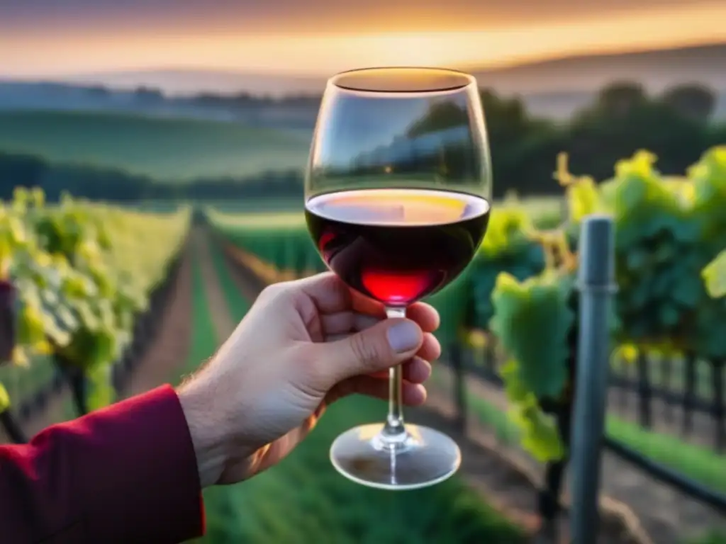 Una copa de vino tinto en mano se alza ante un viñedo al atardecer