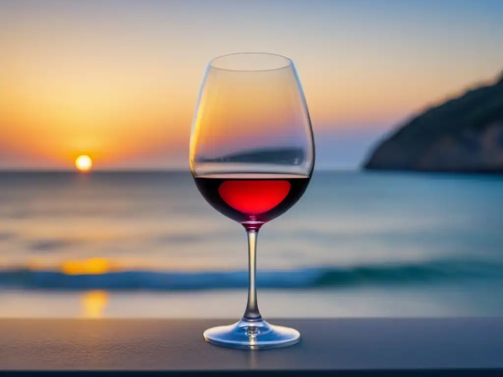 Una copa de vino elegante y moderna, con vino tinto oscuro, en un fondo de mar sereno al atardecer