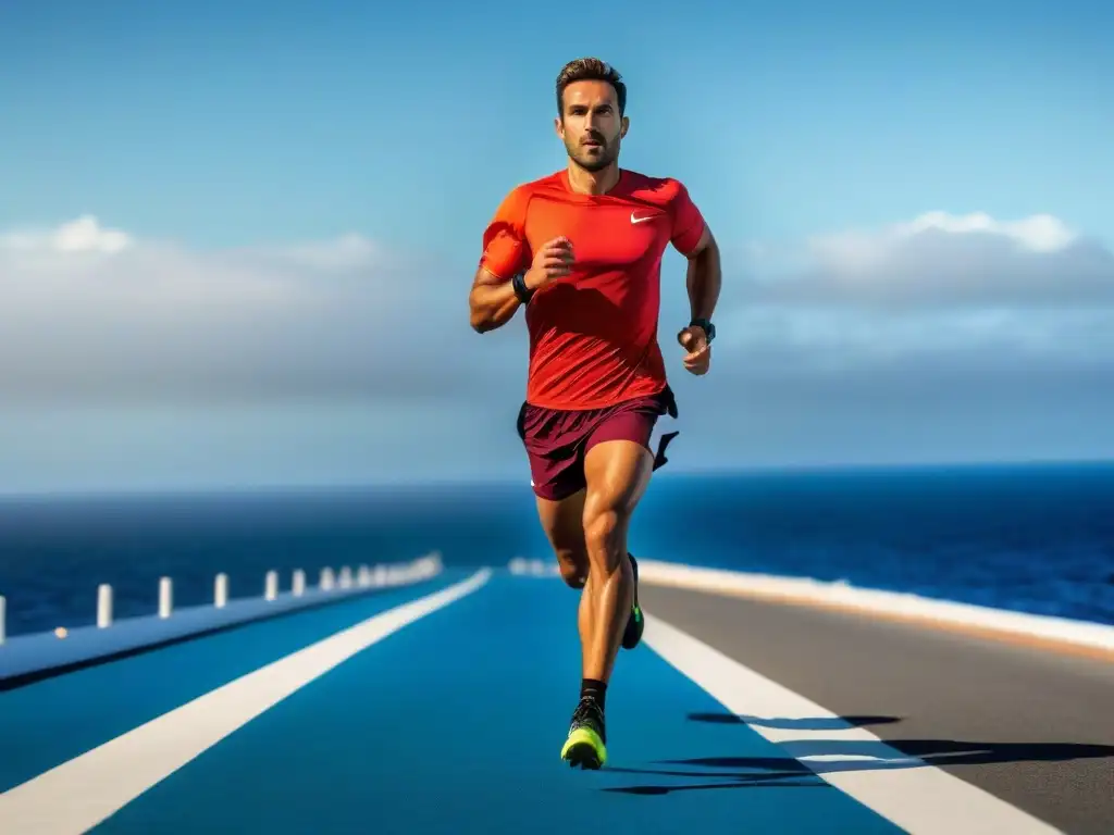 Corredor enérgico frente al mar infinito en un crucero, reflejando la emoción de participar en maratones en cruceros marítimos