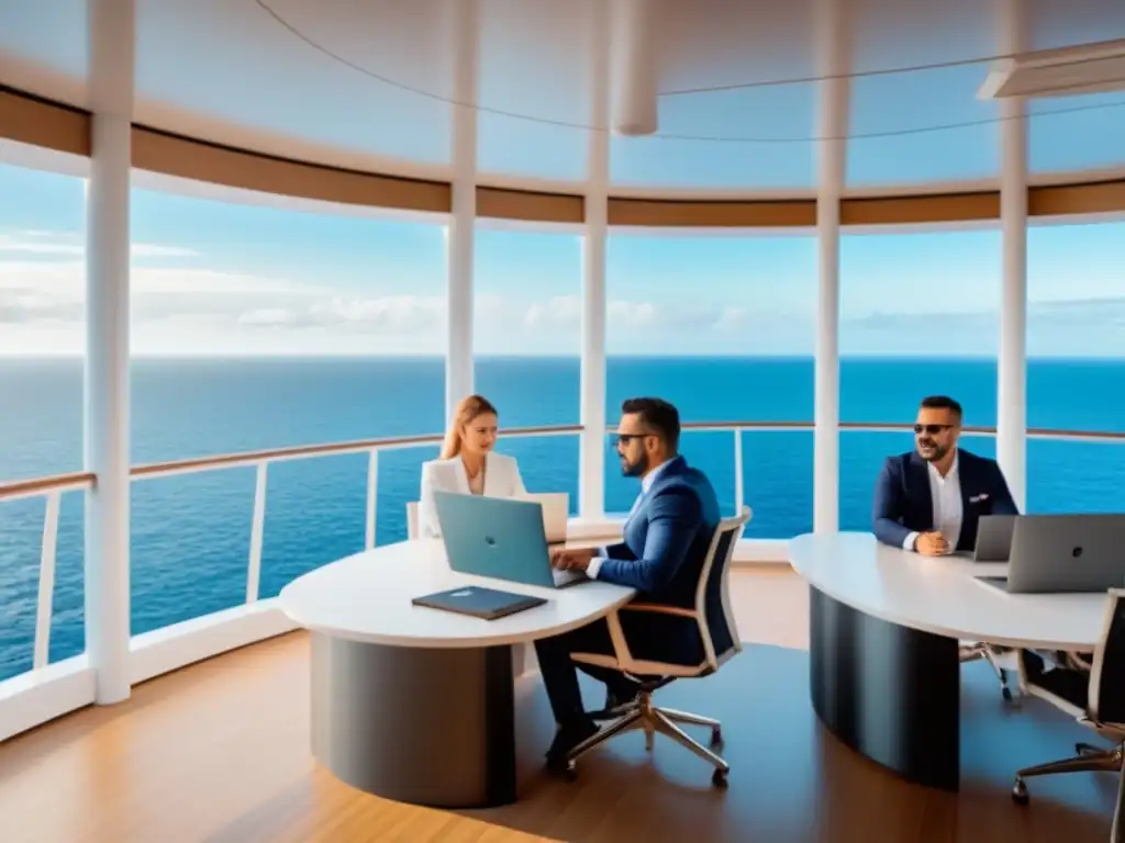 Un coworking moderno en un crucero con vistas al mar, profesionales colaborando en laptops