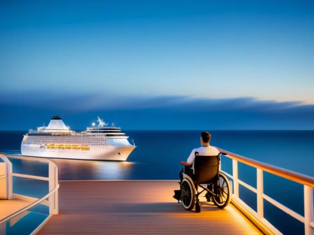 Un crucero accesible bajo un cielo estrellado, reflejando luces en el mar calmado