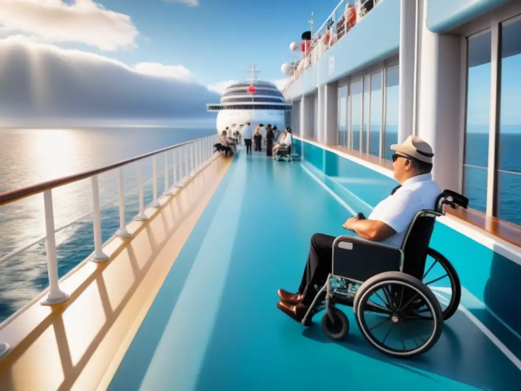 En un crucero accesible para discapacidades, pasajeros disfrutan de la vista y actividades en cubierta, bañados por la luz dorada del sol