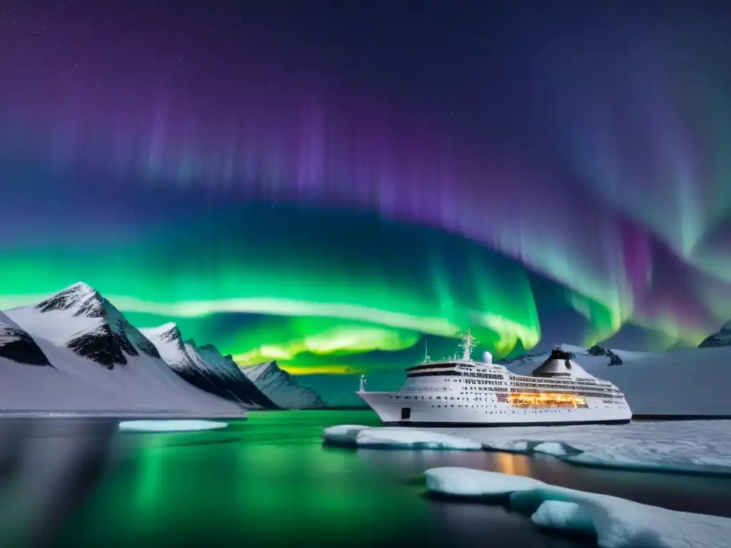 Un crucero de expedición único navega por aguas árticas bajo la aurora boreal, iluminando montañas nevadas