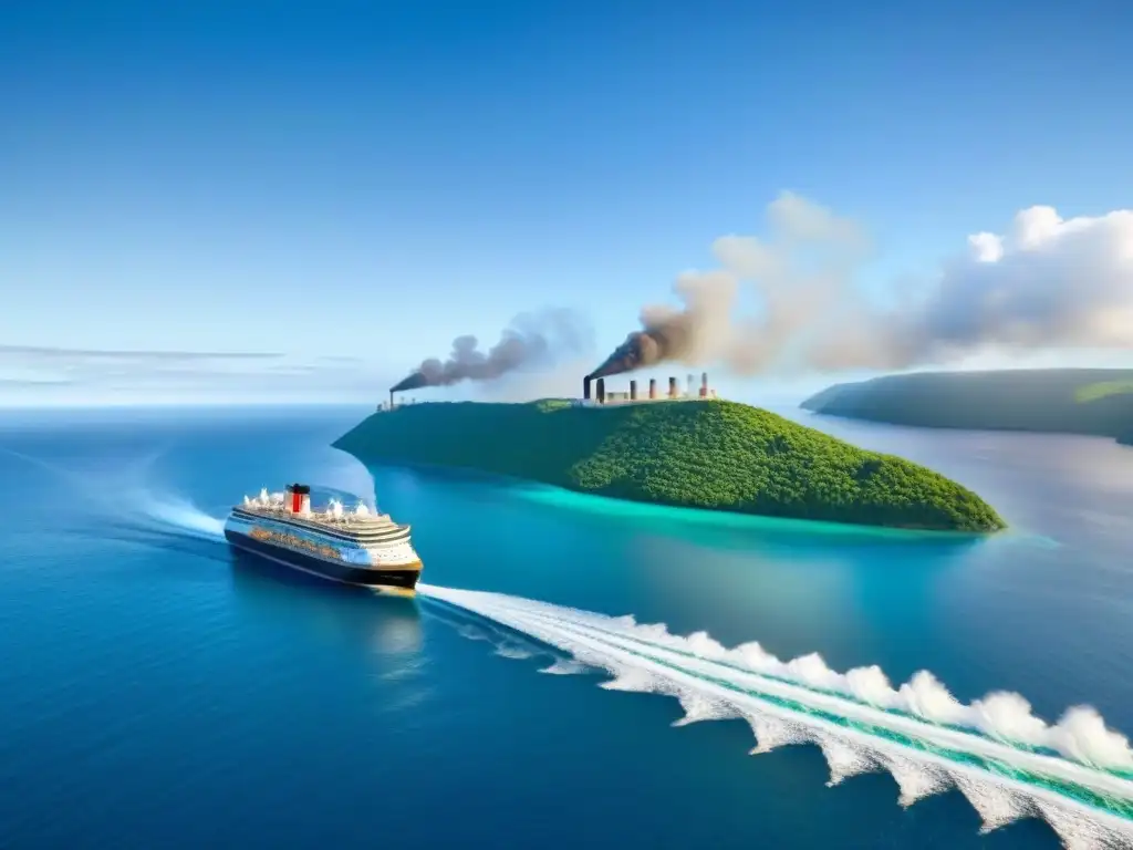 Crucero eco-friendly: lujo y sostenibilidad en alta mar Un crucero navegando en aguas azules, rodeado de islas verdes, con humo blanco saliendo de su chimenea