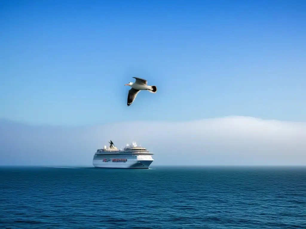 Tranquilidad en alta mar: crucero seguro con seguro de viaje Un crucero navegando tranquilamente en aguas calmadas, bajo un cielo azul claro, con una gaviota volando
