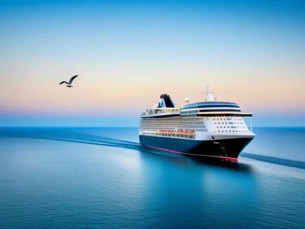 Un crucero navegando tranquilamente en aguas calmadas, con gaviotas volando, ideal para invertir en propiedades de cruceros