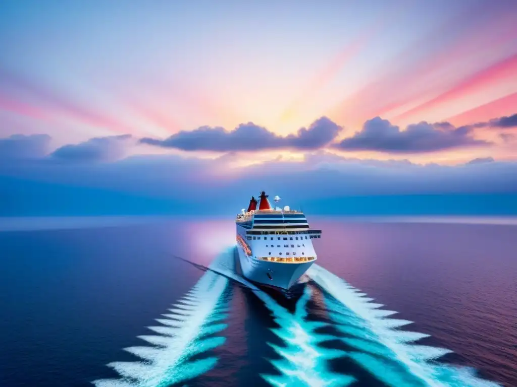 Un crucero navegando en aguas cristalinas al atardecer, transmitiendo paz y la importancia del impacto de cruceros en el cambio climático