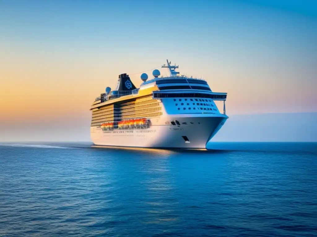 Crucero sostenible navegando al atardecer Un crucero navegando en aguas cristalinas al atardecer, resalta la belleza del Turismo sostenible en cruceros marítimos