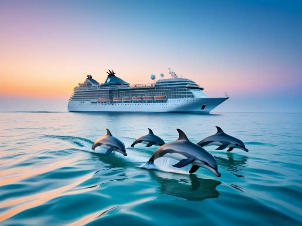 Un crucero navegando en aguas cristalinas con delfines, en un atardecer rosa