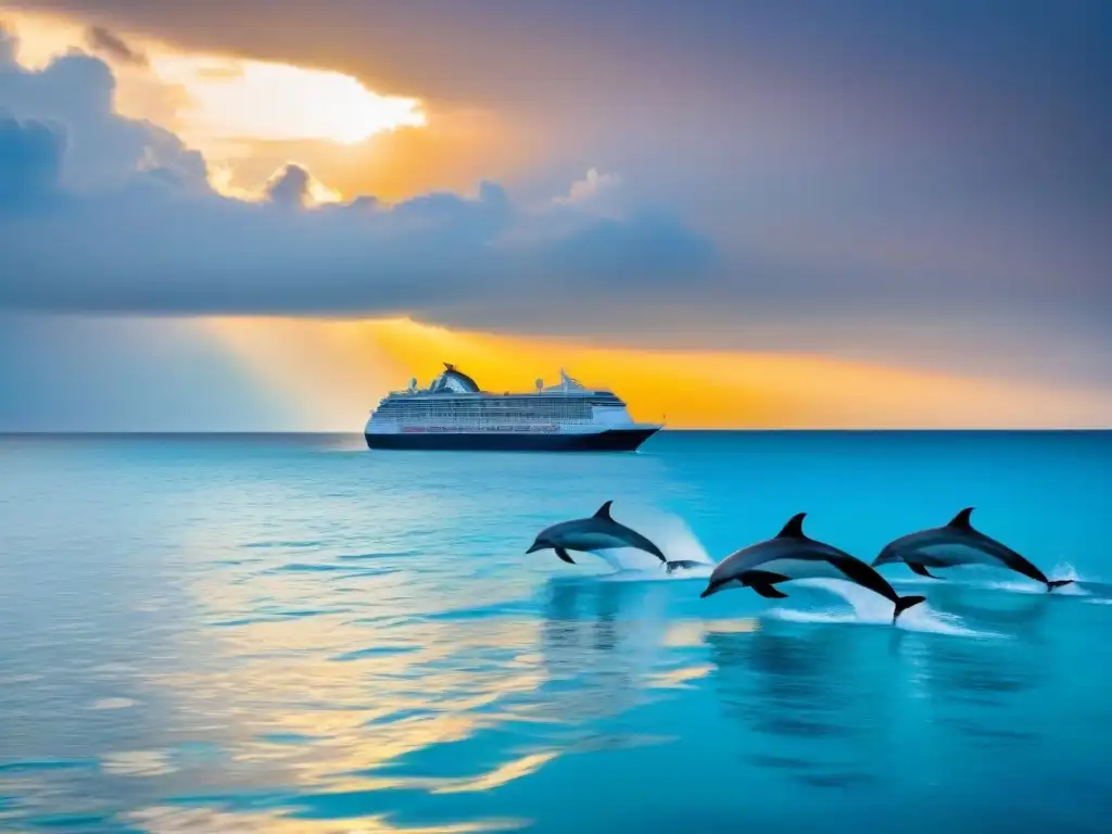 Un crucero navegando en aguas cristalinas con delfines, al atardecer