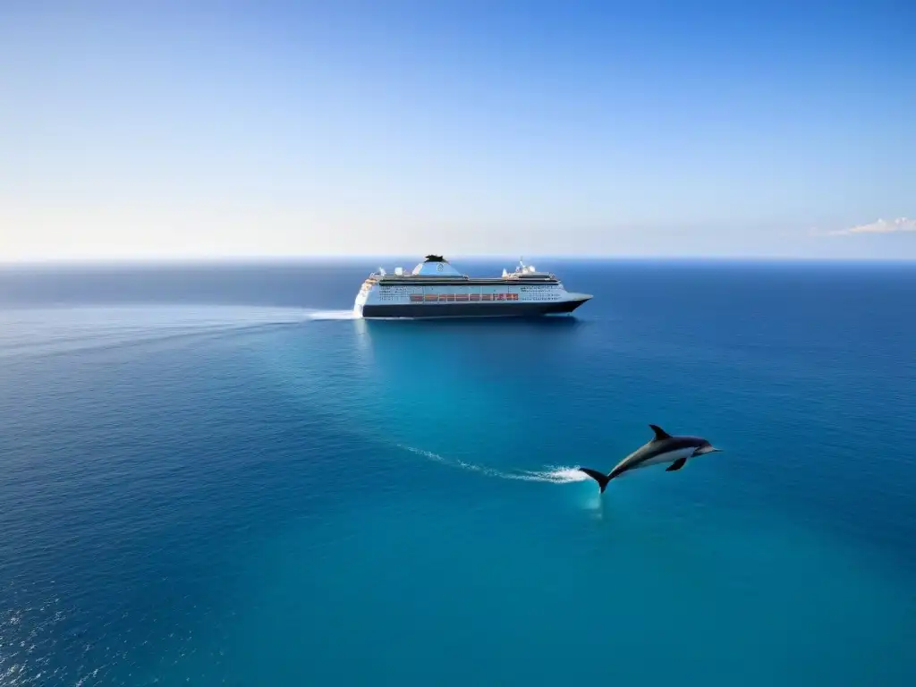 Un crucero navegando en aguas cristalinas con delfines, reflejando reciclaje en cruceros marítimos