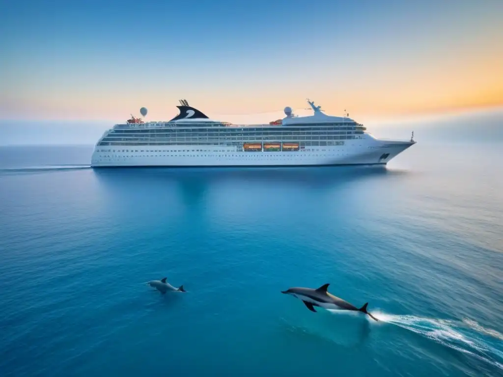 Crucero sostenible en aguas cristalinas con delfines al atardecer Un crucero navegando en aguas cristalinas con delfines