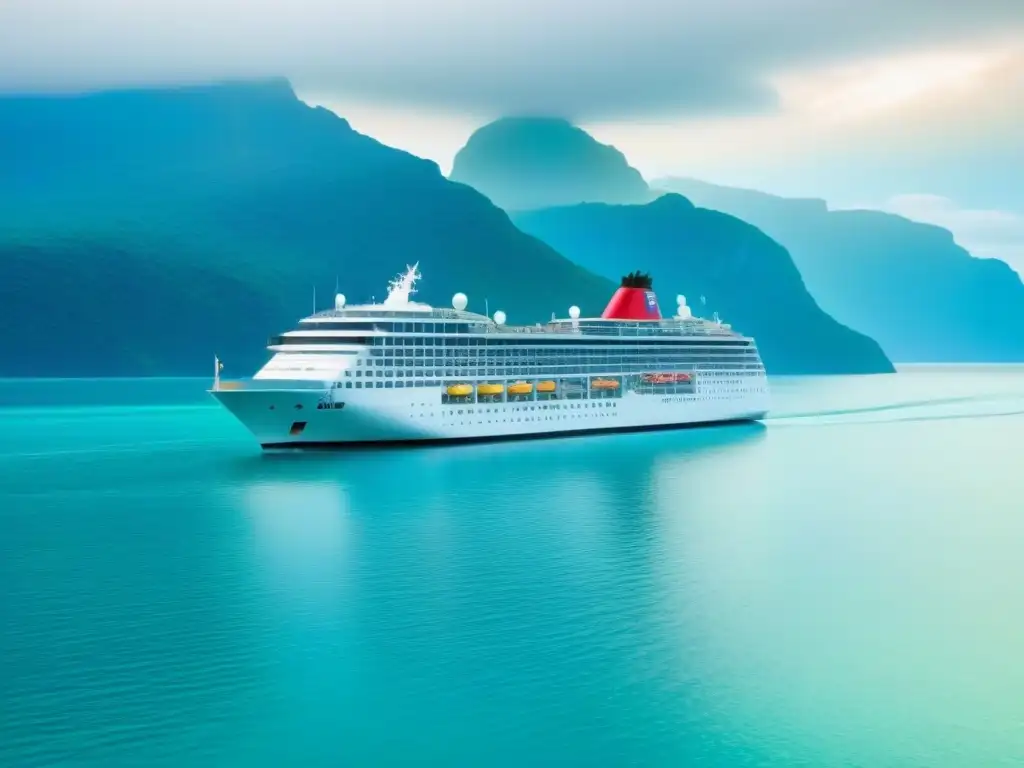 Un crucero navegando en aguas cristalinas, con un exuberante paisaje verde al fondo, destaca la idea de comer local en crucero