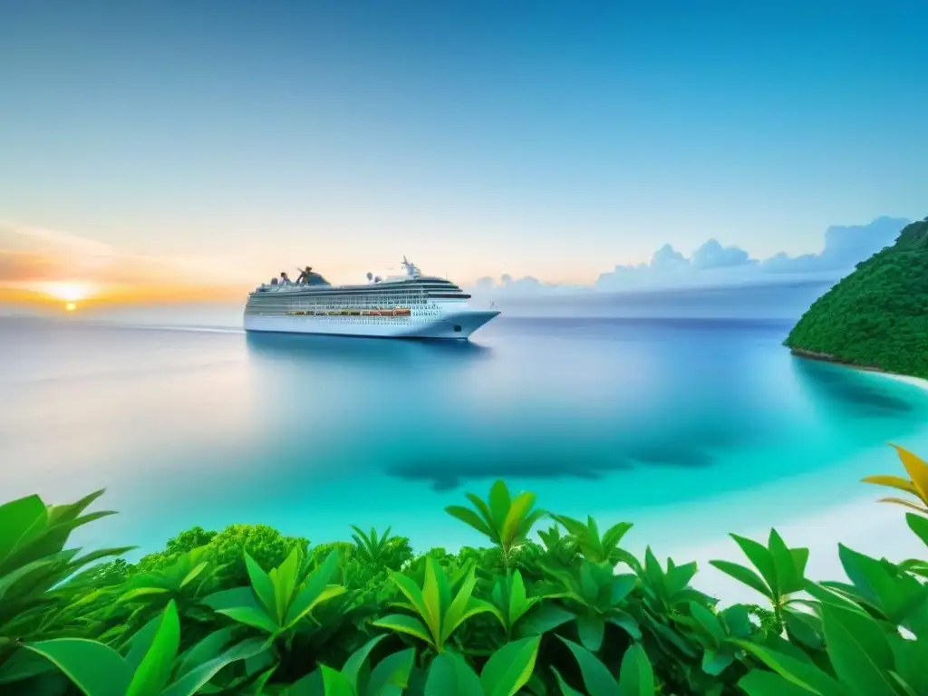 Un crucero navegando en aguas cristalinas con fauna marina y vegetación exuberante en una isla tropical al atardecer, resaltando la armonía entre la industria de cruceros y el medio ambiente, Compensación huella ecológica cruceros