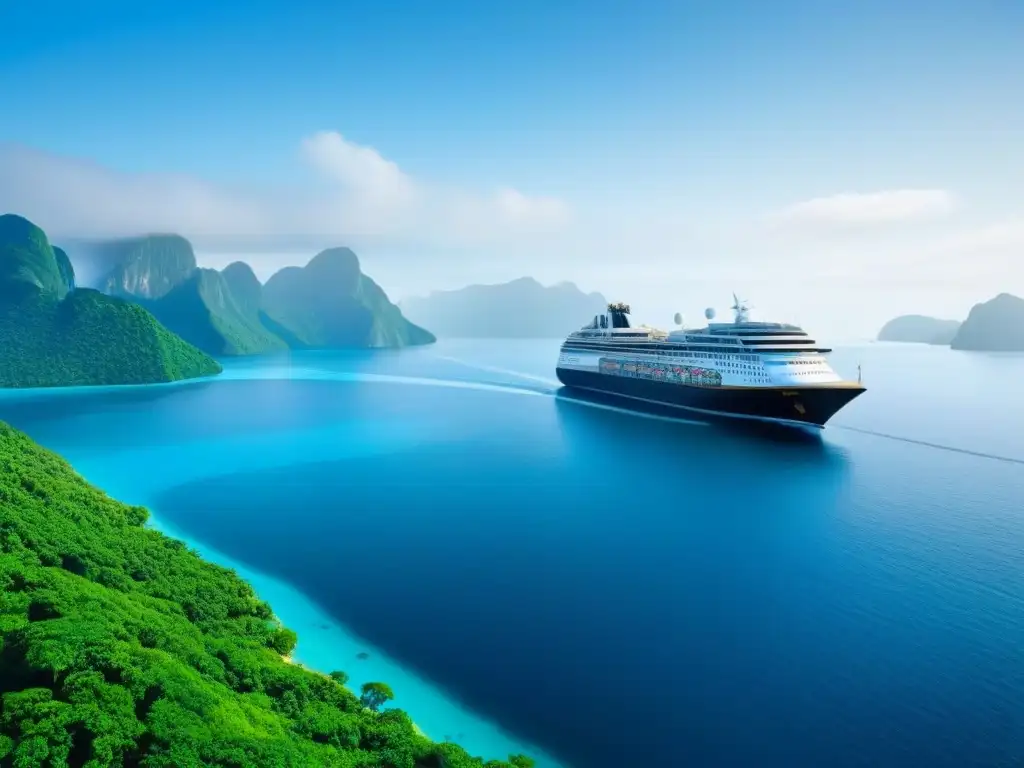 Un crucero cortando aguas cristalinas entre islas verdes, reflejo del turismo marítimo sostenible en cruceros