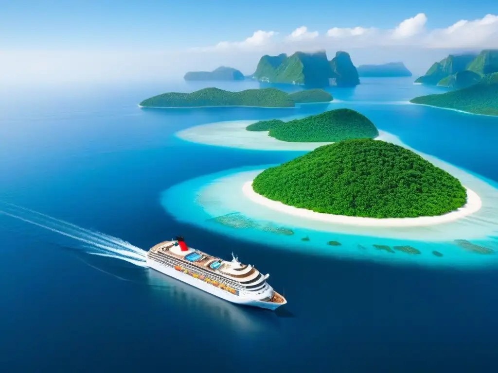 Un crucero navegando en aguas cristalinas rodeado de islas verdes y cielo azul, reflejando la armonía del Turismo marítimo sostenible innovador