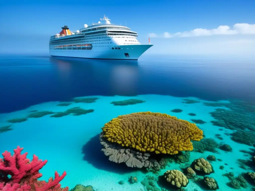 Un crucero navegando en aguas cristalinas, rodeado de arrecifes de coral vibrantes y vida marina colorida