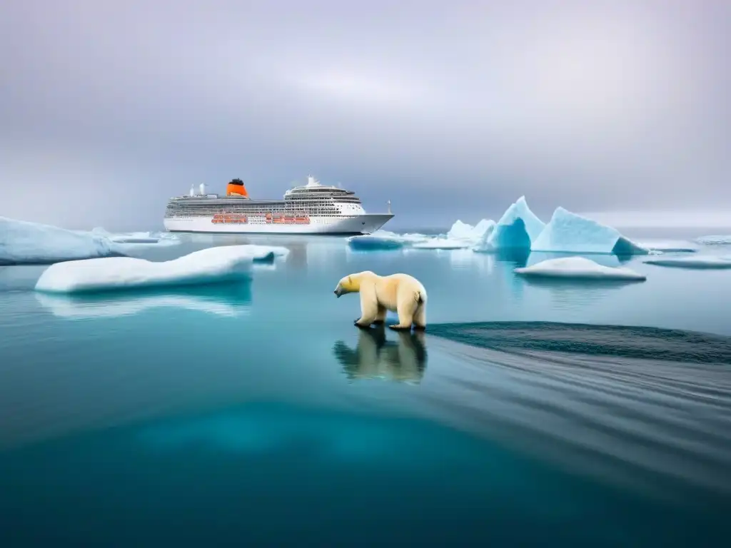 Un crucero navega en aguas cristalinas, rodeado de icebergs derretidos y un oso polar varado en un trozo de hielo