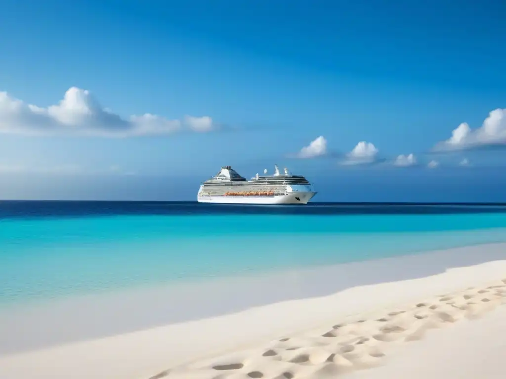 Un crucero navegando en aguas cristalinas mientras la tripulación realiza una limpieza en la playa