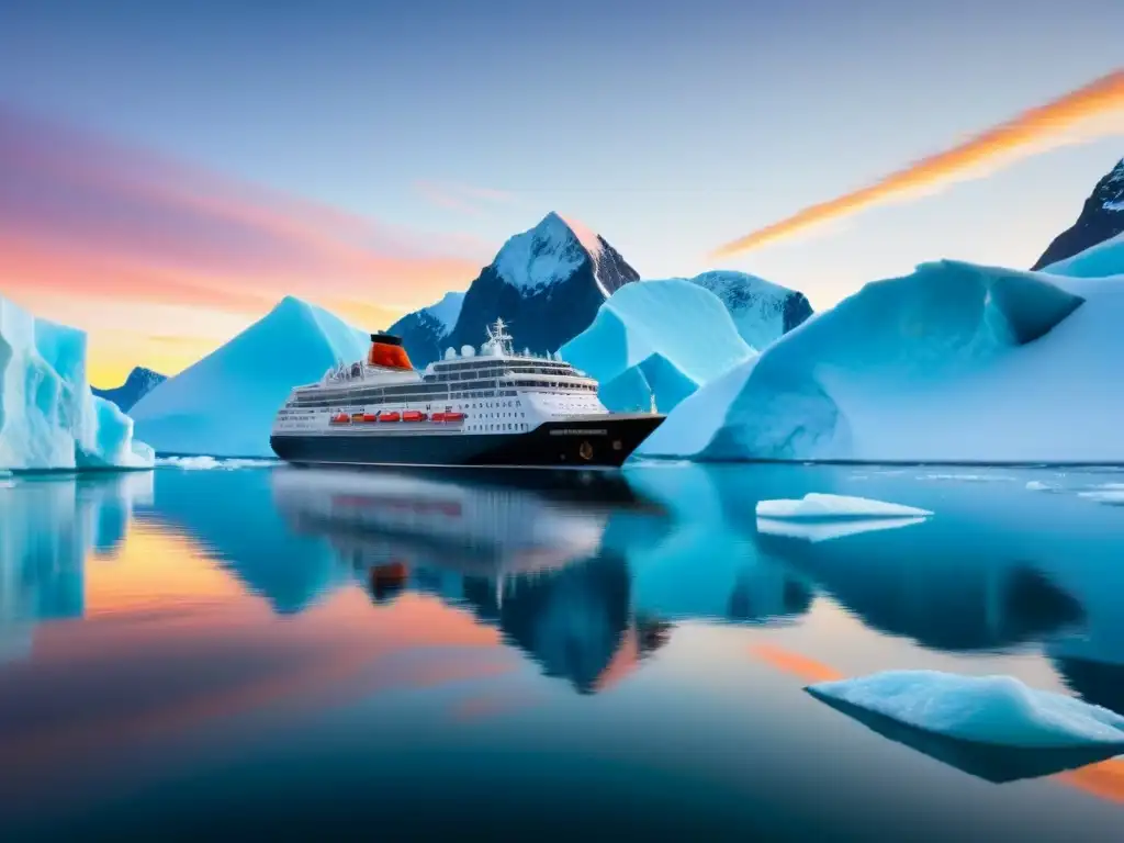 Crucero de expedición en aguas heladas bajo cielo polar pastel, reflejando tranquilidad y aventura