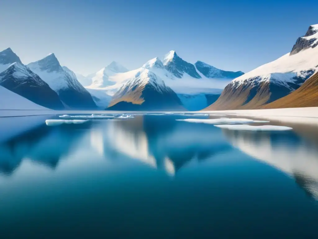 Un crucero de expedición cortando aguas heladas, rodeado de montañas nevadas bajo cielos azules