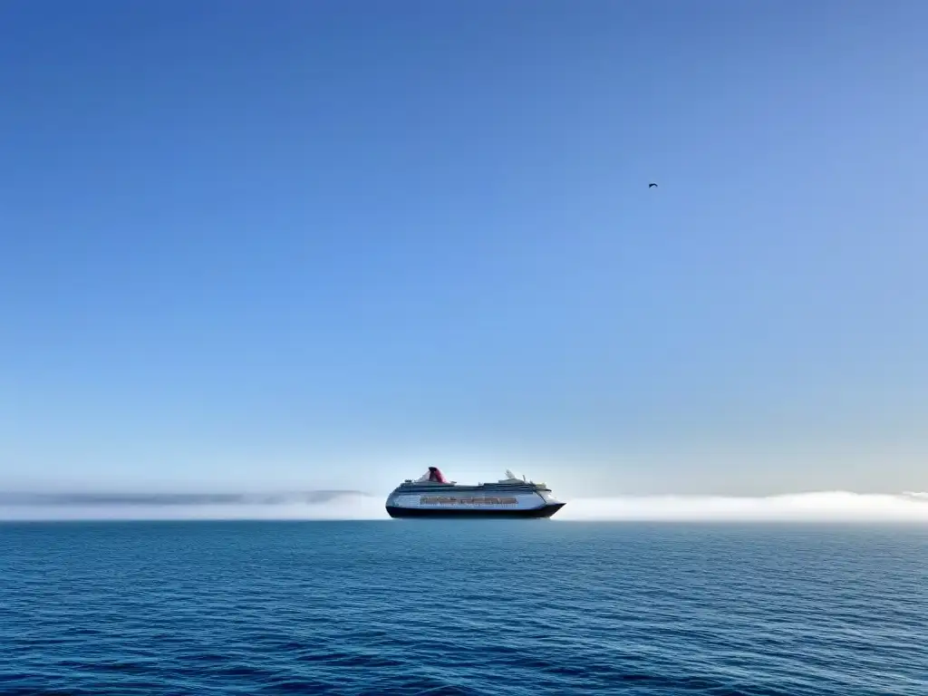 Un crucero navega en aguas serenas, rodeado de gaviotas y un mar azul claro, transmitiendo calma y armonía con la naturaleza