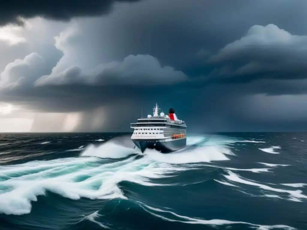 Un crucero navegando en aguas tormentosas con nubes oscuras, mostrando una lancha de salvamento