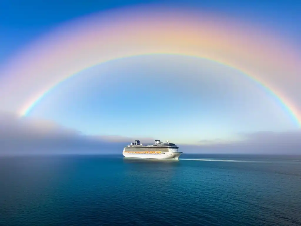 Un crucero navegando en aguas tranquilas con un arcoíris al fondo, simbolizando la importancia del seguro crucero vacaciones