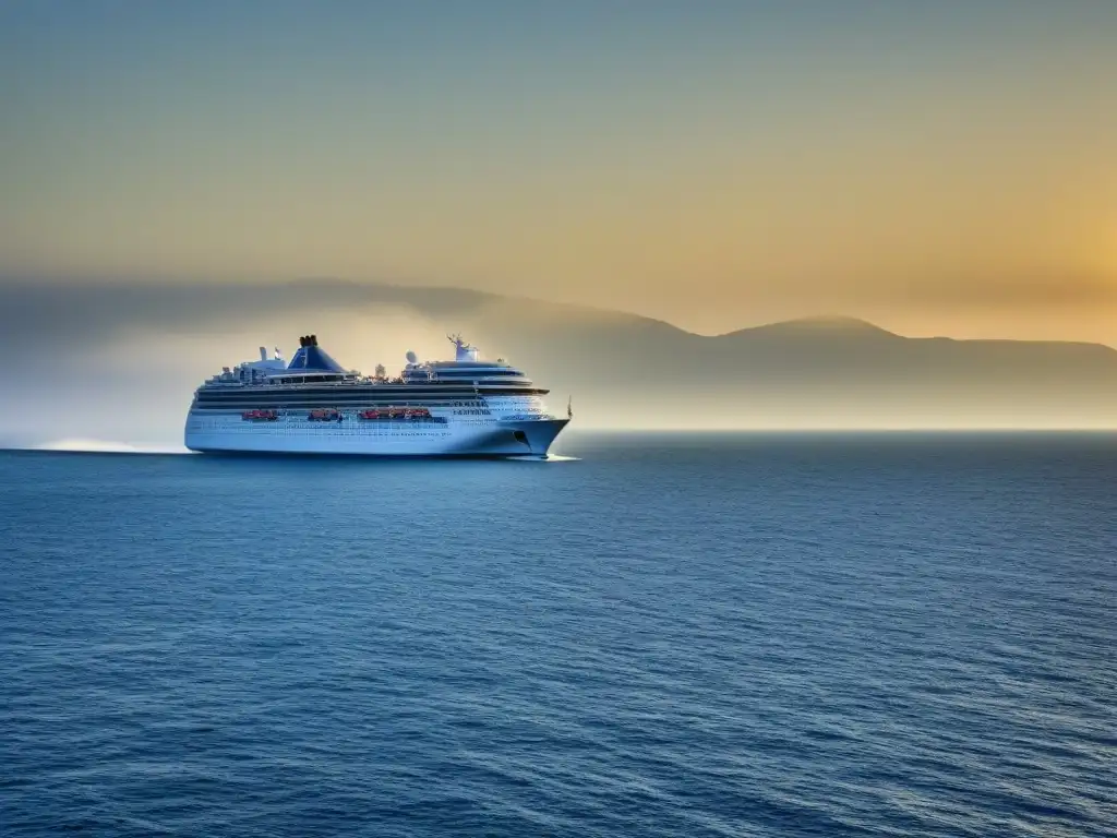 Un crucero navegando en aguas tranquilas al atardecer, proyectando paz y lujo