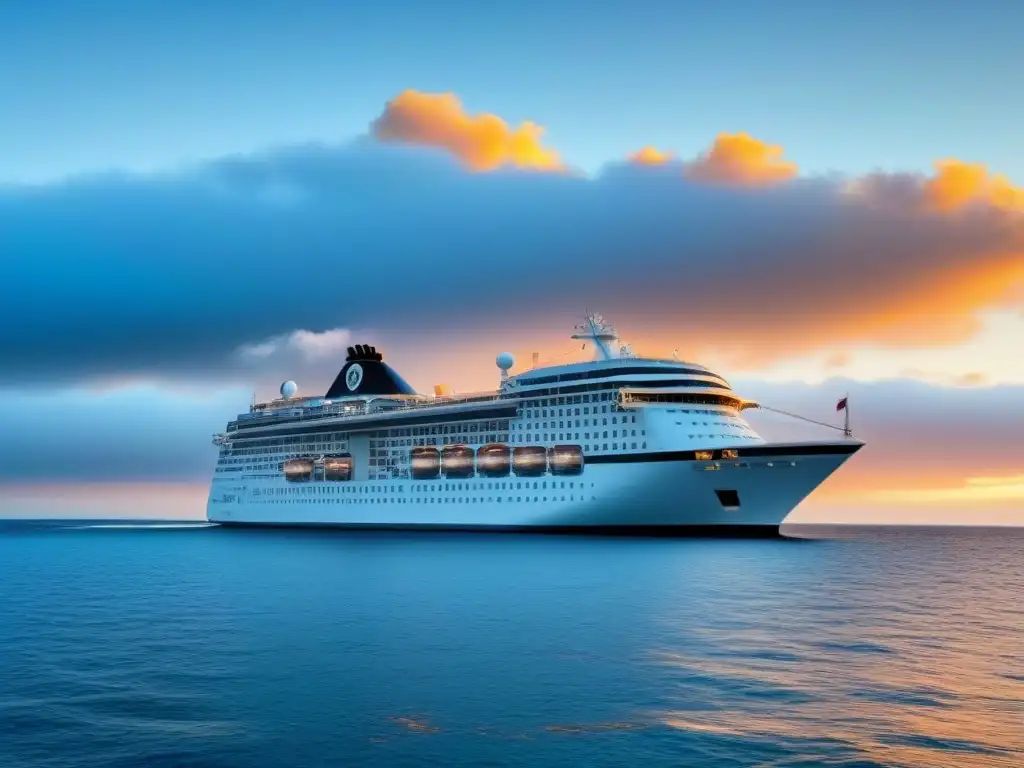 Un crucero navegando en aguas tranquilas al atardecer, evocando relajación y lujo