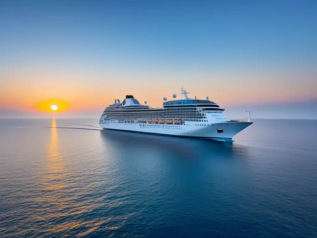 Un crucero navegando en aguas tranquilas al atardecer, transmitiendo calma y serenidad