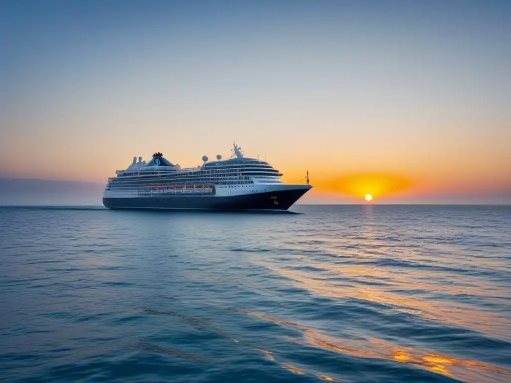 Un crucero navegando en aguas tranquilas al atardecer, transmitiendo serenidad y la keyword 'Experiencias educativas inmersivas marítimas'