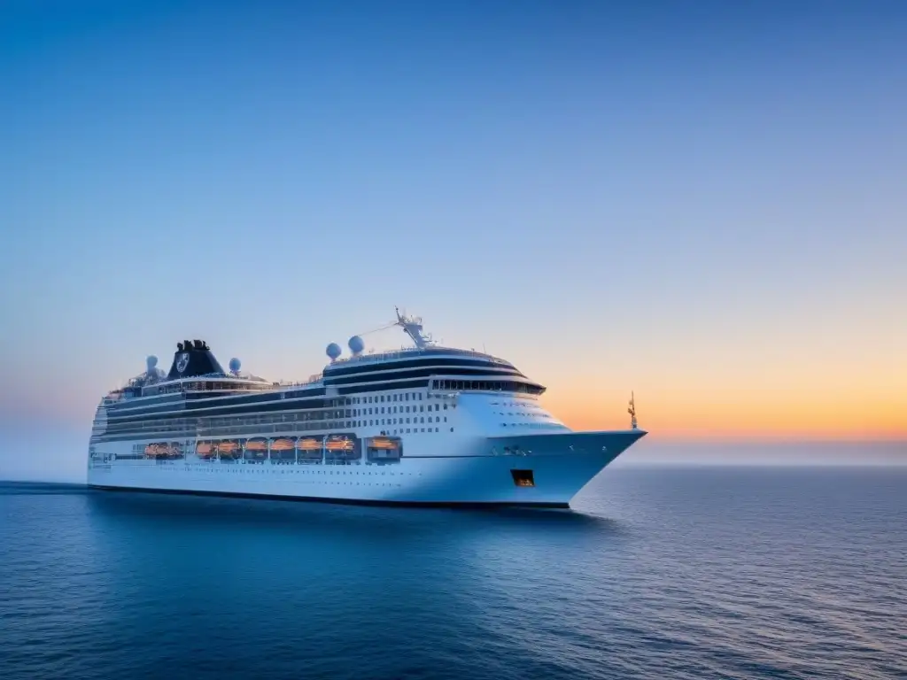 Un crucero navegando en aguas tranquilas al atardecer, evocando lujo y tranquilidad